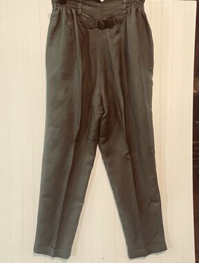Louise Paris Vintage Women’s Linen Khaki Cuffed Pants Pleats Elastic Waist 14